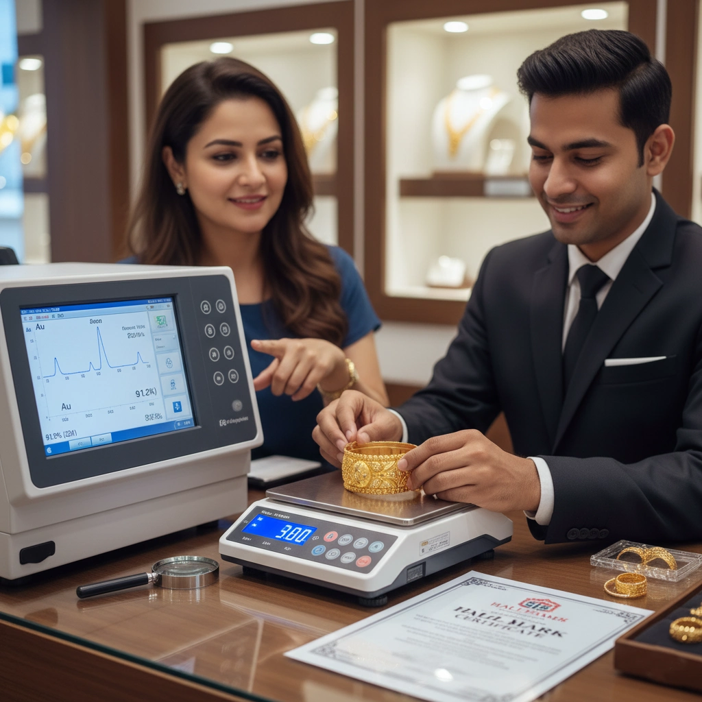 Buyer and seller verifying gold on XRF machine